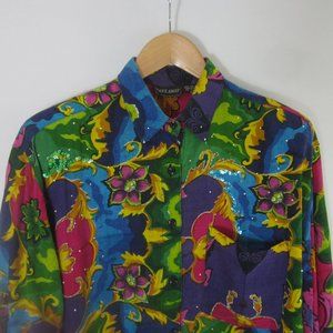 Vtg Take Away Womens M Multicolor Floral Sequin LS Beaded Shirt Blouse Medium